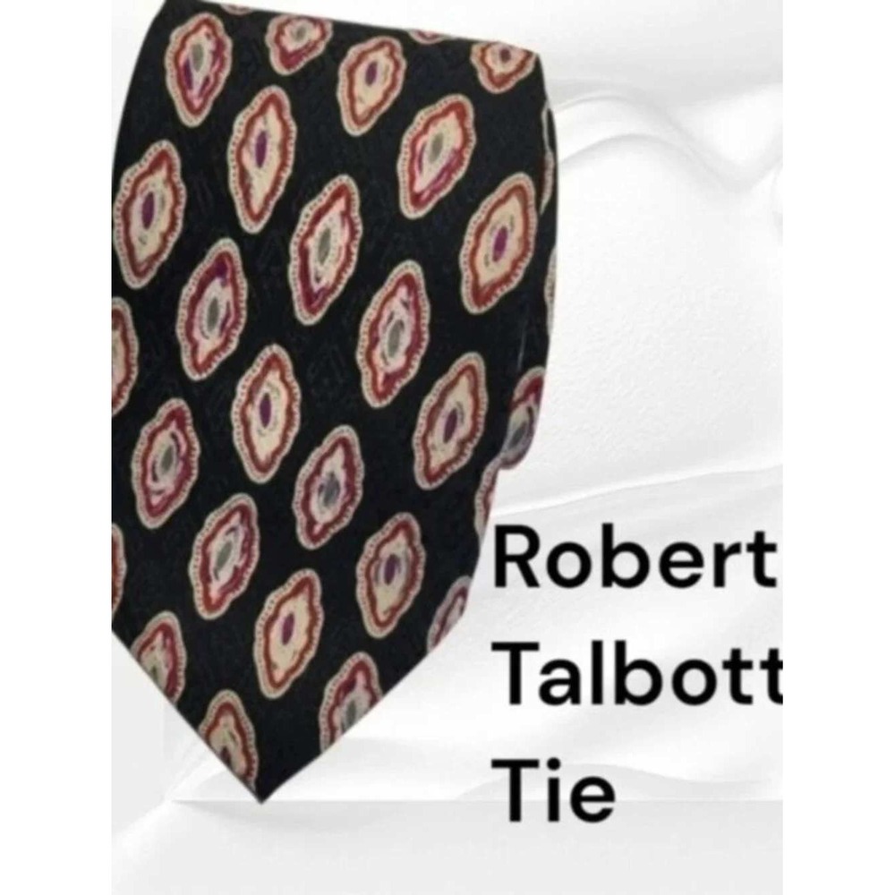 Robert Talbott Silk Tie Black Red Geometric Medallion Hand Sewn USA Mens Necktie